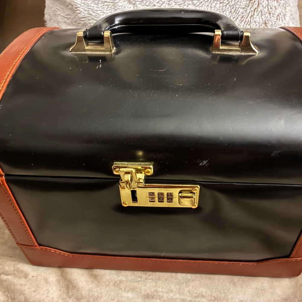 Vintage Black and Brown Leather Travel Case with Gold Lock